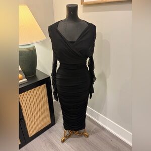 NWT Club L London Between The Lines Black Ruched Mesh Bodycon Midi Dress 8 FLAW